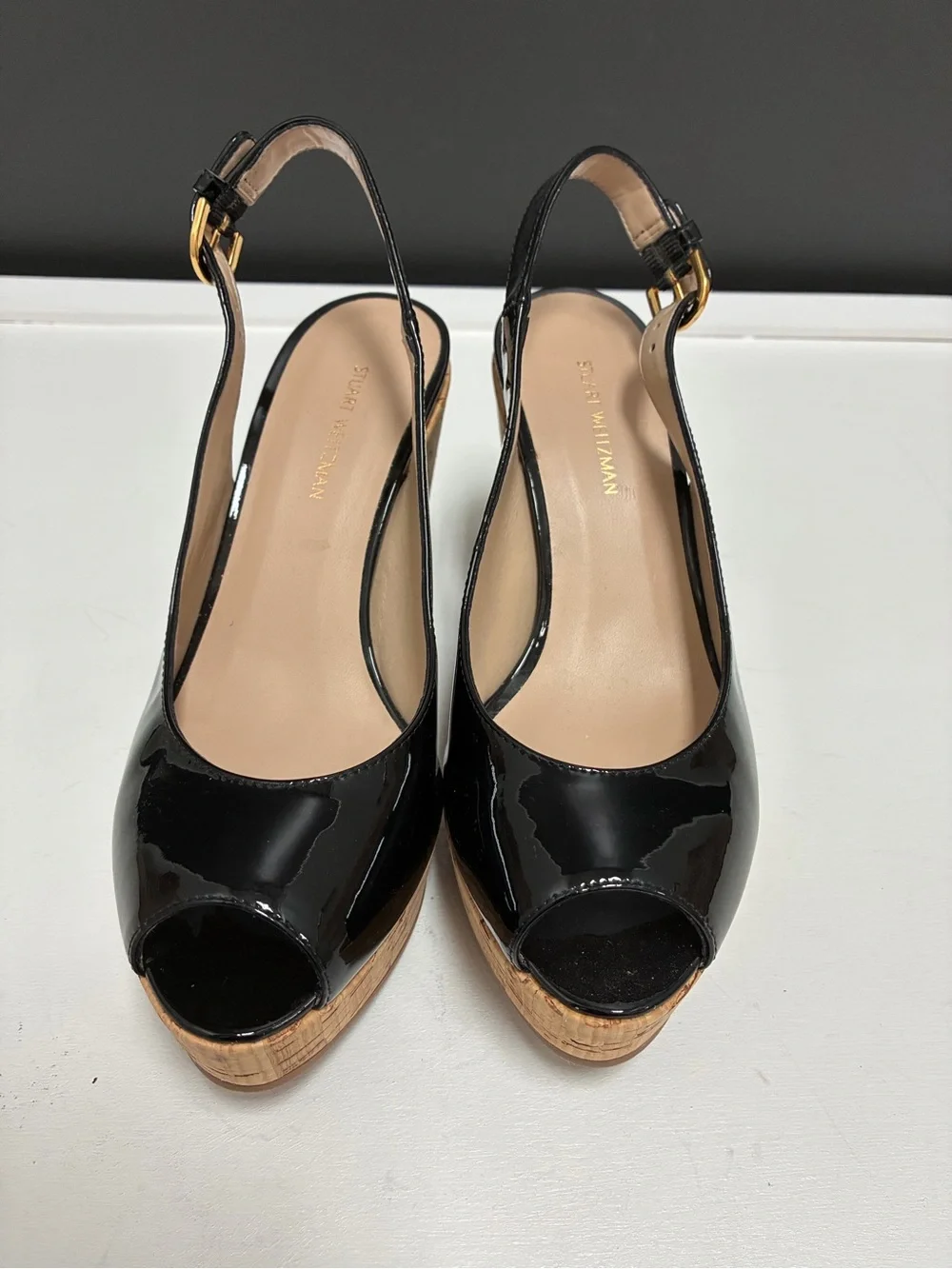 Stuart Weitzman Black Patent Cork Wedge Slingback Peep-Toe Heels